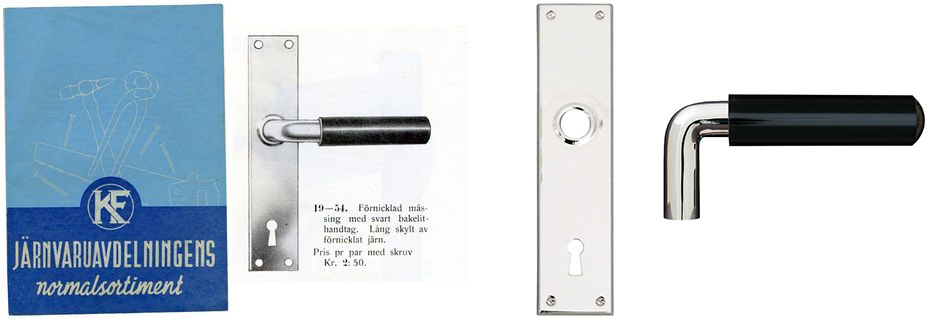 Gammelt katalogudsnit med d&oslash;rgreb i forkromet messing og sort bakelitgreb, vist sammen med moderne version af grebet og rektangul&aelig;rt langskilt.