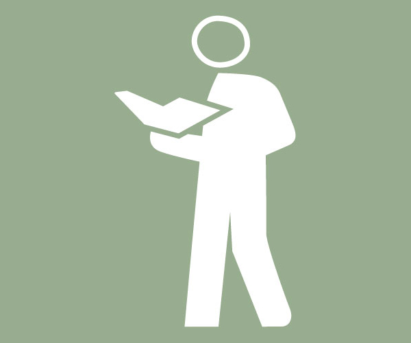 Pictogram i vitt p&aring; gr&ouml;n botten med figur som l&auml;ser i katalog.