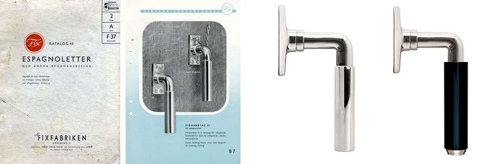 Historisk katalogside fra Fixfabriken med d&oslash;rgreb i funkisstil samt moderne versioner af grebet i forkromet st&aring;l og med sort bakelit.