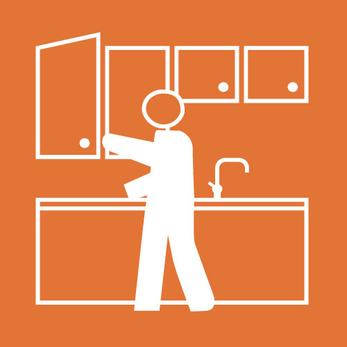 Pictogram i vitt p&aring; orange botten med figur i k&ouml;k.