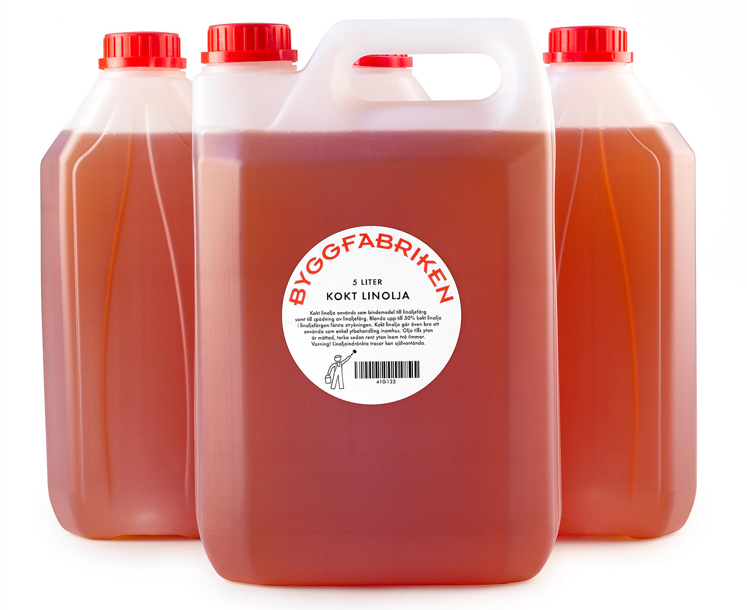 Tre femlitersdunke med kogt linolie fra Byggfabriken.