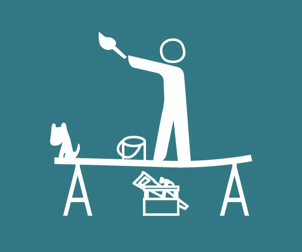 Pictogram i vitt p&aring; turkos botten med figur som st&aring;r p&aring; tr&auml;bockar och m&aring;lar.