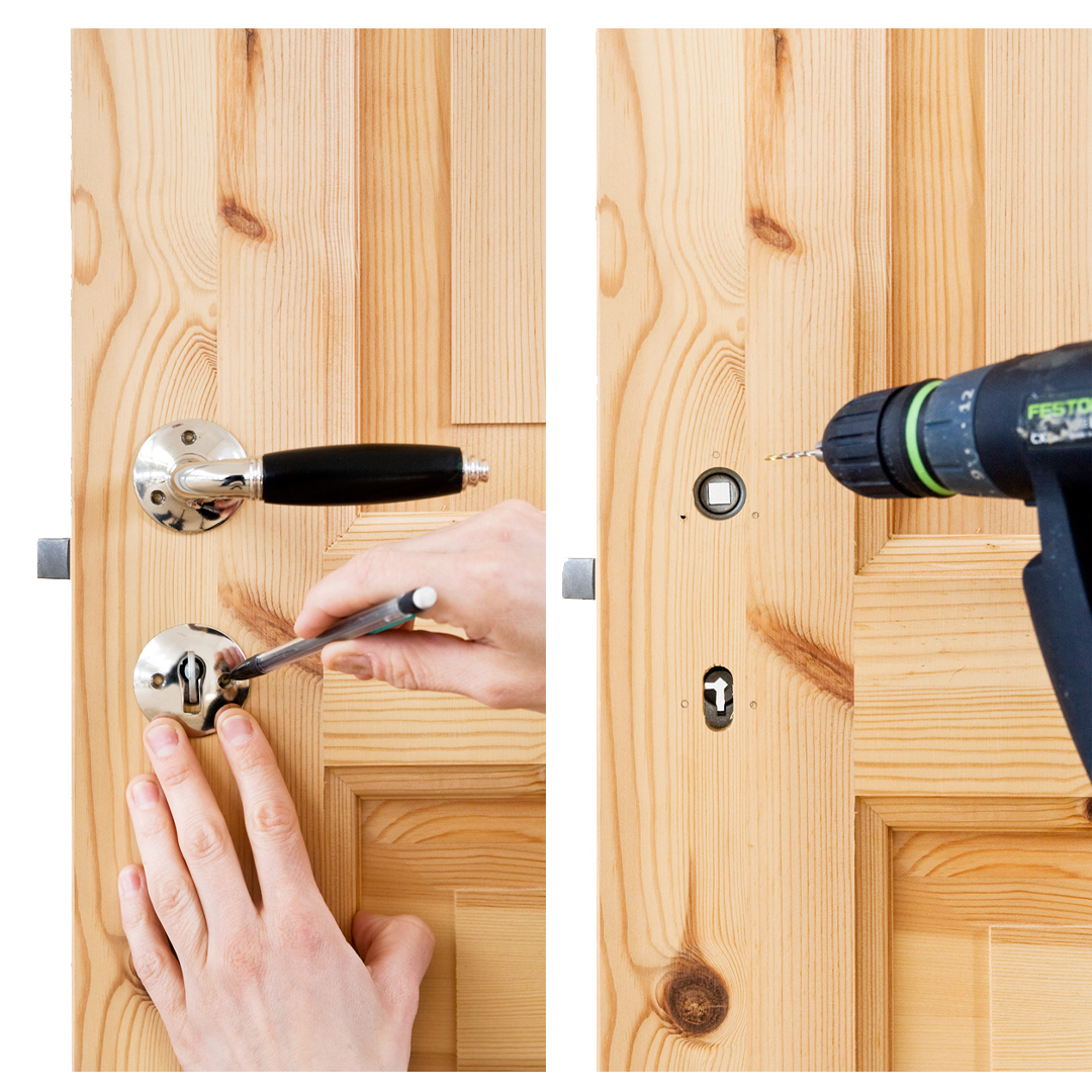Montering af d&oslash;rgreb og n&oslash;gleskilt p&aring; d&oslash;ren.